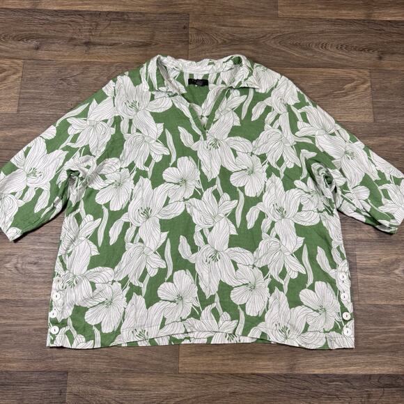 Tahari 100% Linen Shirt Popover Size 3X Tunic Top Green 3/4 Sleeve Tropical - Picture 1 of 10
